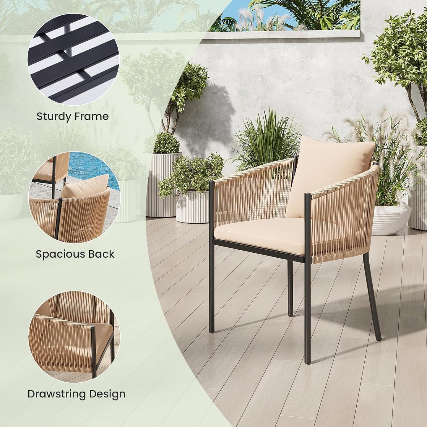 Soohow 5 Pieces Outdoor Dining Set for 4, Patio Table and Chairs Set 4 X Rattan Wicker Patio Chair with Cushions and 1 X Outdoor Table Plastic Wooden Top for Lawn, Deck Backyard, Poolside