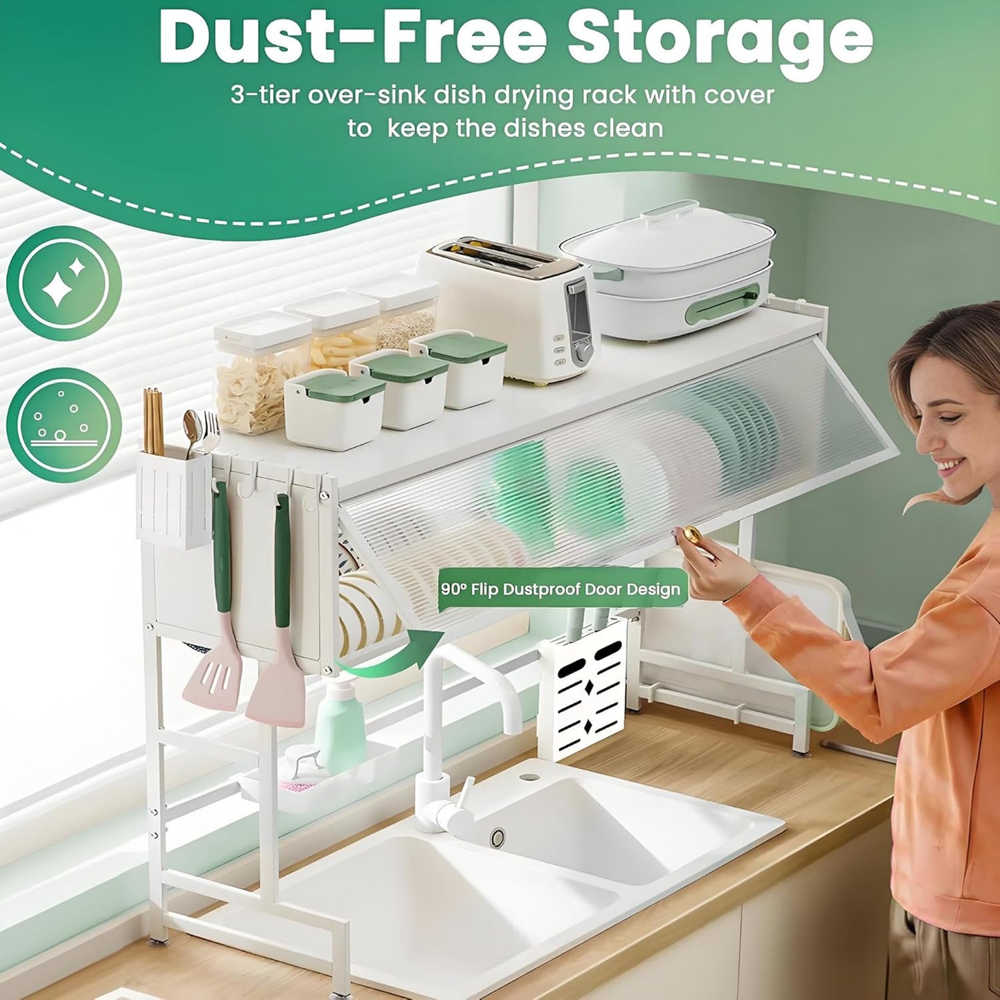 Dish Drying Rack, 3-Tier Over Sink Dish Drying Rack, 33.5" Sink Dish Rack for Small Kitchen, Space-Saving Sink Dish Rack with Cover, Baskets, Utensil, Large Kitchen Storage Organizer White