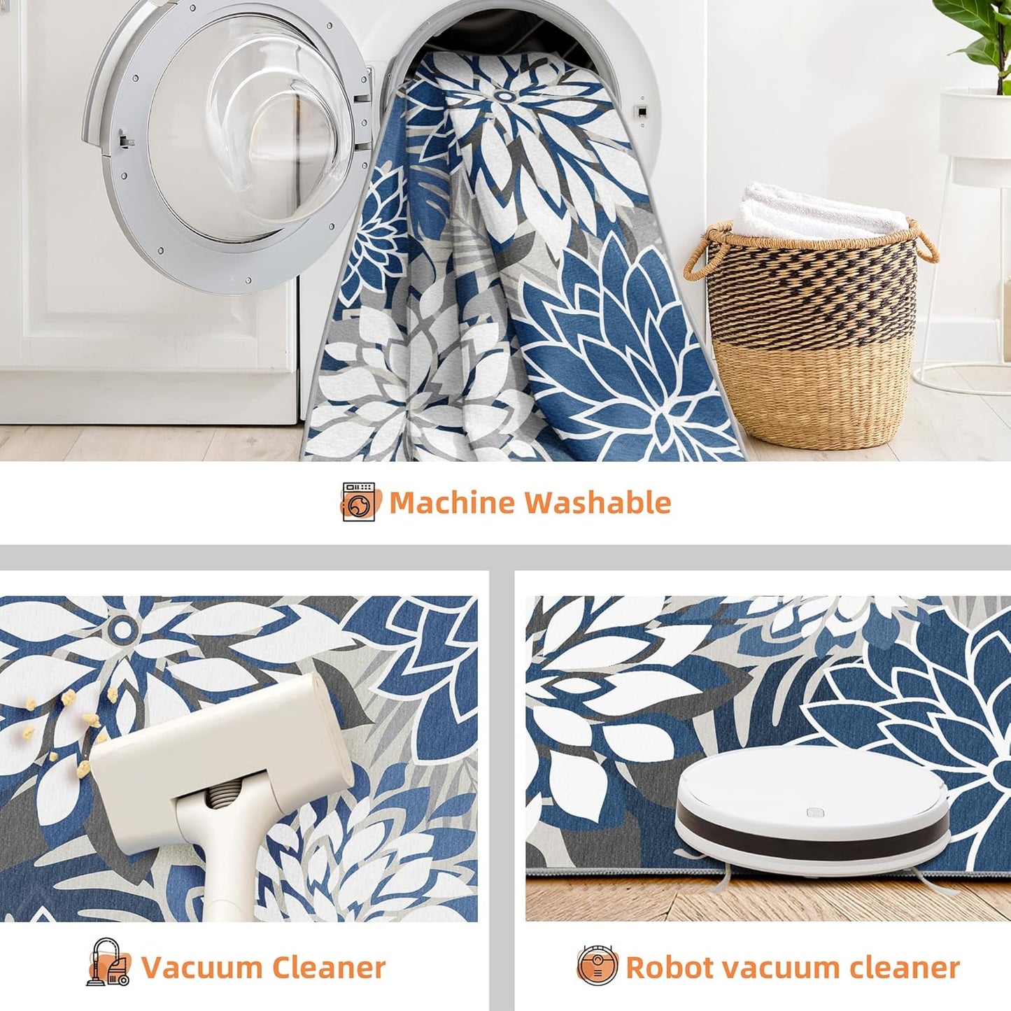 Indoor Outdoor Area Rug Washable Multicolored Patio Rug Tropical Botanical Modern Floral Indoor Outdoor Carpet Blue White Rug Non Slip for Patio, Deck, Backyard, Porch (5x8)