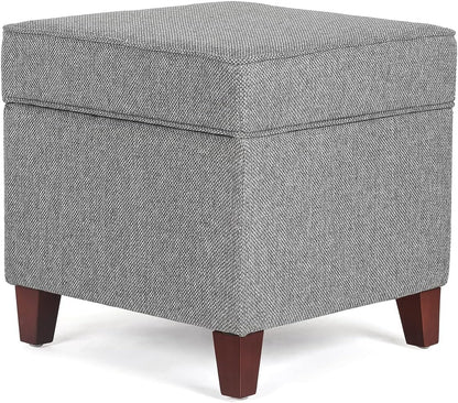 Adeco 17" Square Ottoman with Storage, Small Blue Storage Ottoman Foot Rest with Hinged Lid & Solid Wood Legs, Linen Fabric Foot Stool for Living Room & Bedroom
