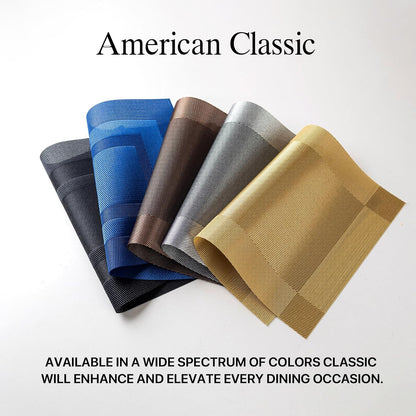 LEXMORE Placemats Set of 12 Vinyl/Plastic Woven Place Mats for Kitchen Table Indoor/Outdoor Washable Placemat Wipeable Dining Table Mats(G-Black Cube)