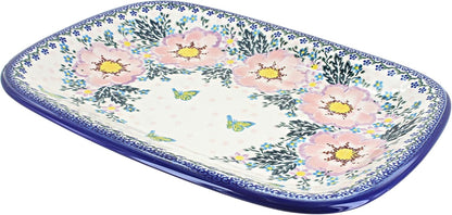 Blue Rose Polish Pottery Apple Blossom Large Rectangular Serving Platter