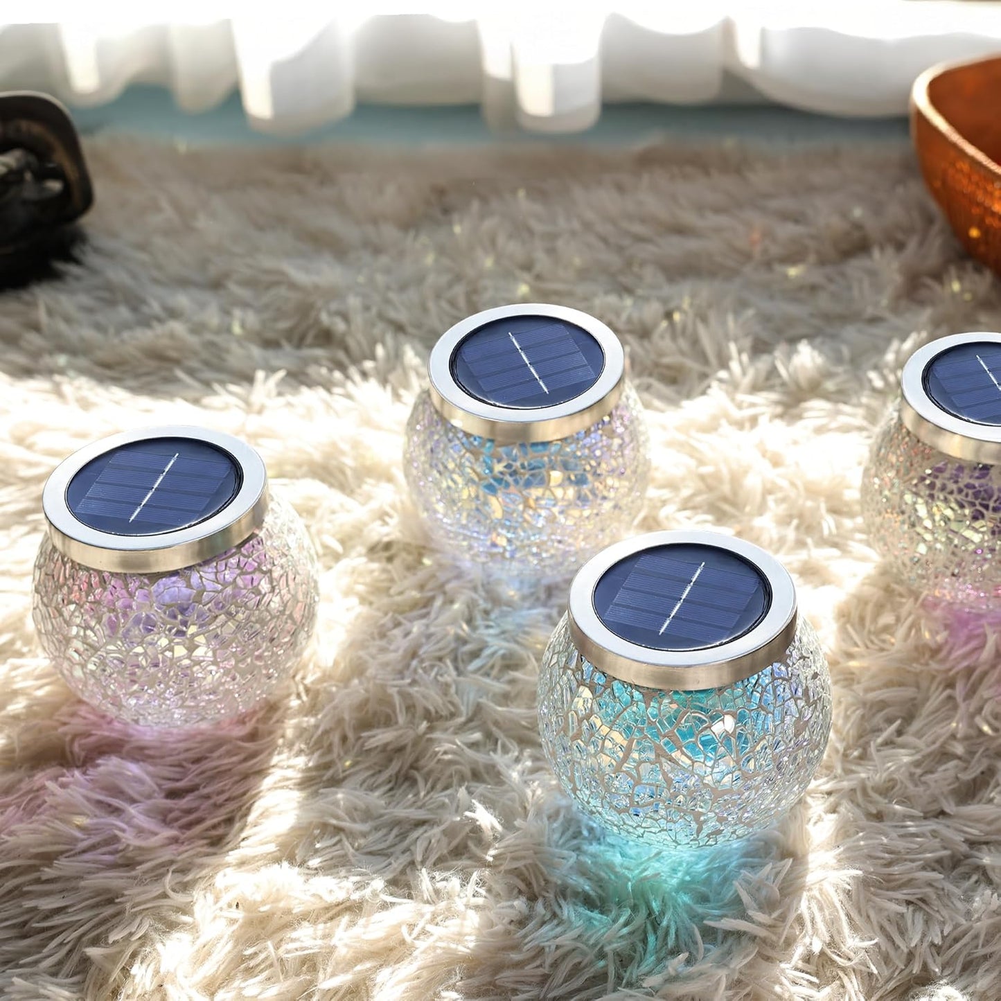 Cooo 2 Pack Heavy Solar Mosaic Crackle Glass Lights with Dual Solar Panels, Color-Changing RGB Lantern, Exclusive Dazzling Glass, Waterproof Outdoor Table Lamps Garden Lamp Landscape Path Light