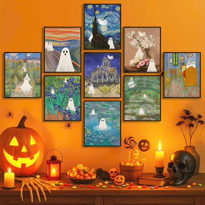 LANCHI95 Vintage Ghost Posters Halloween Wall Art Witch in The Forest Painting Prints Halloween Wall Decor for Living Room Bedroom 8x10 in - 9pcs (UNFRAMED)