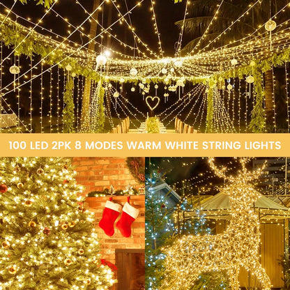 2 Pack String Lights Battery Operated with Timer, 66FT 200 LED Waterproof Battery Twinkle Lights, 8 Modes Fairy Light for Indoor & Outdoor Party Bedroom Garland Tree Christmas Decorations (Warm White)