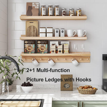 MBYD Wood Wall Shelf With Hooks Floating Shelves for Wall Bathroom Shelves Wall Mounted Nursery Floating Bookshelf for Kids Room Toy Storage Shelf for Bedroom Picture Frames Kitchen (Natural, 36 Inch)