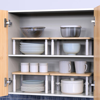 Cabinet Organizer Shelf, Spice Rack Set of 2 Kitchen Pantry Cupboard Shelves, Stackable, Height Adjustable, Natural Bamboo (11.7" W)
