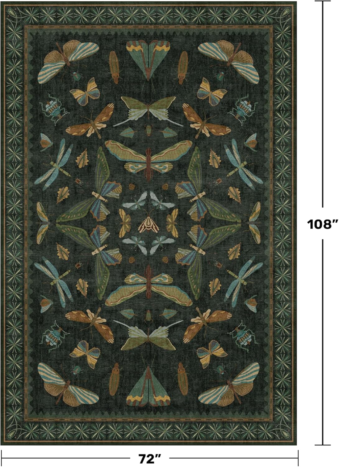 6x9 Dark Green Area Rugs for Dining Room - Rugs for Living Room, Bedroom Under Bed, Insect Moth Floral Non Slip Low Pile Floor Carpet