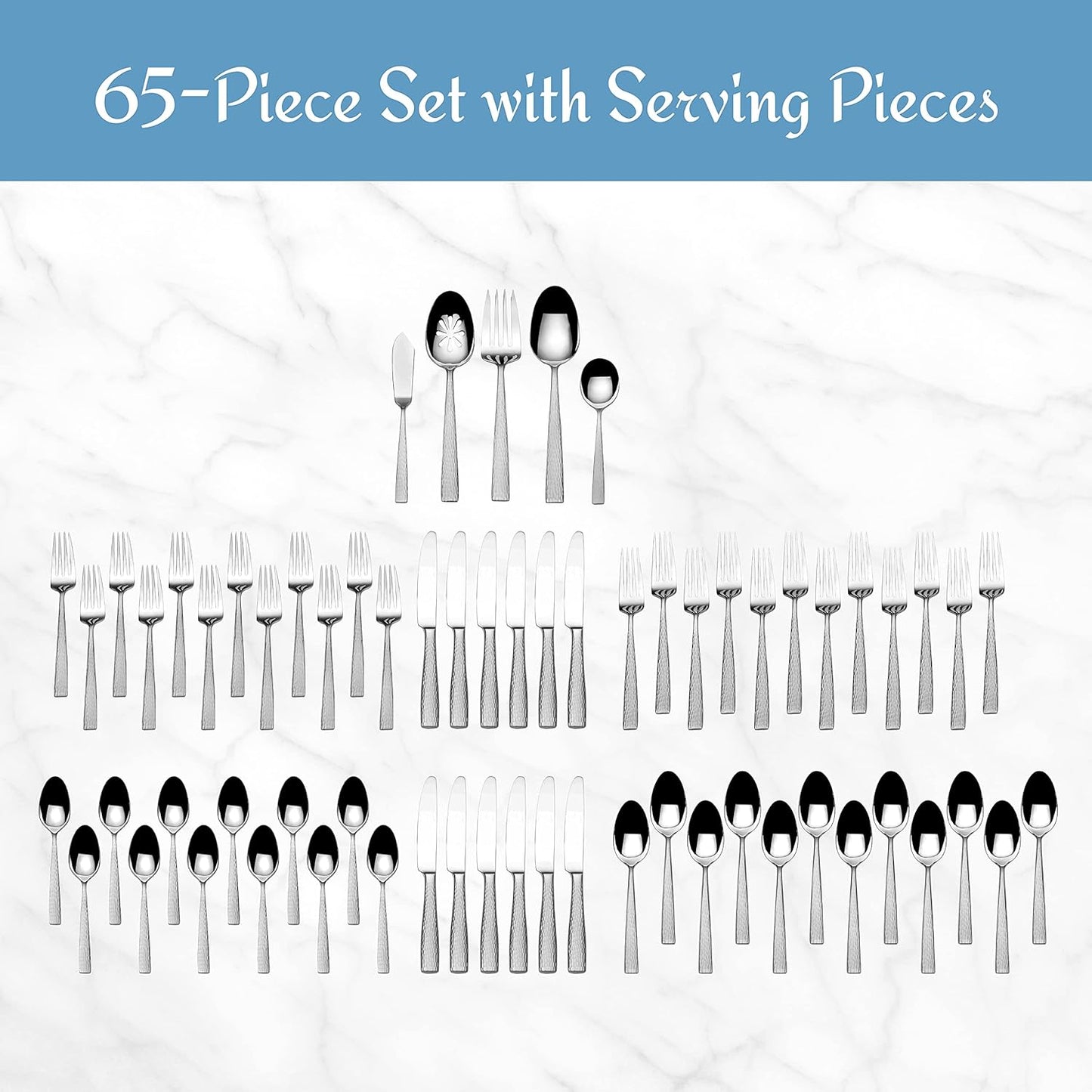 Mikasa Oliver Satin Flatware Set for 12, 65 Piece 18/10 Stainless Steel Silverware with Stylish Satin Finish and Serving Utensils, Durable Dinnerware Service