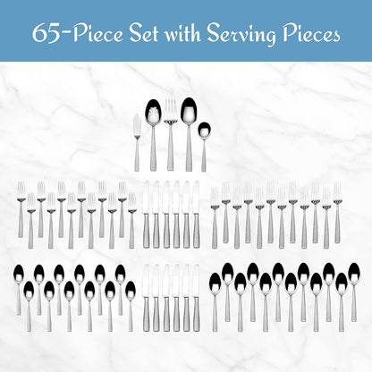 Mikasa Oliver Satin Flatware Set for 12, 65 Piece 18/10 Stainless Steel Silverware with Stylish Satin Finish and Serving Utensils, Durable Dinnerware Service