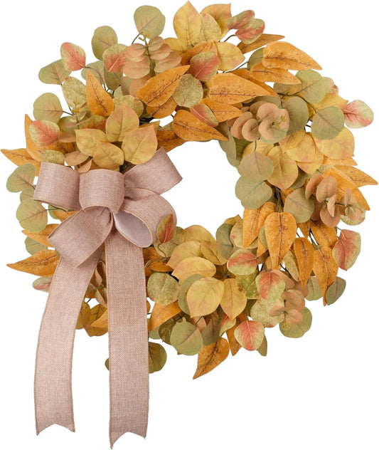 Fall Wreath for Front Door 24 Inch, Autumn Colored Faux Leaves Wreath with Bow, Simple & Minimalist Fall Decoration for Home Farmhouse Door Wall Window Indoor/Outdoor