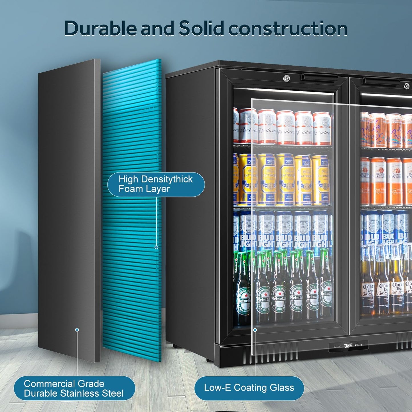 Tylza Back Bar Cooler With 2 Glass Doors, 7.2 Cu.Ft Under Counter Back Bar Refrigerator with LED Lighting, Safety Locks, Counter Height Bar Beverage Cooler for Beer, Soda Drinks, Wine, Black