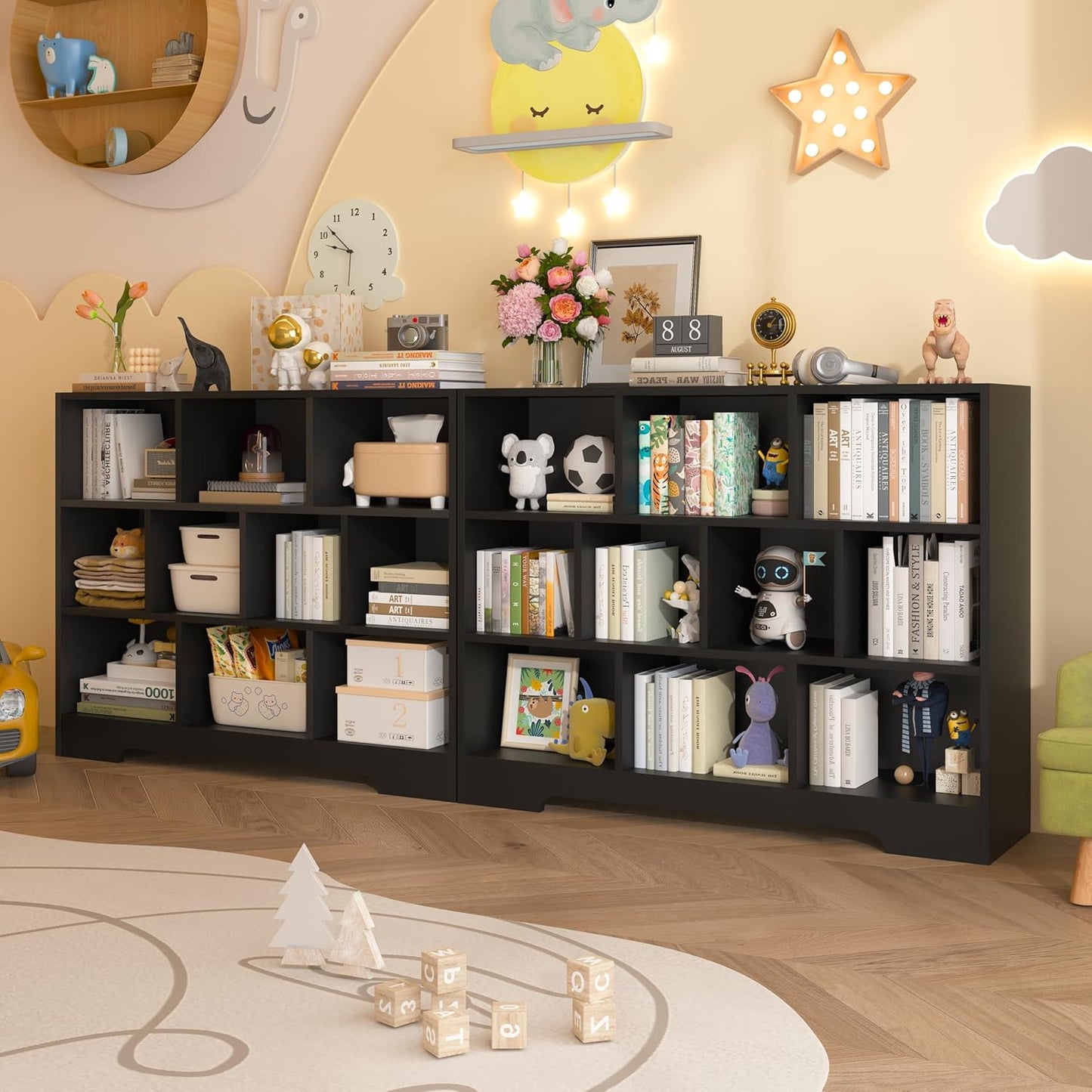 Book Shelf Set of 2, 10 Cubes Storage Organizer, 3-Tier Open Bookshelf Wooden Bookcase, Freestanding Black Bookshelf Cube Shelf for Bedroom, Living Room, Home Office