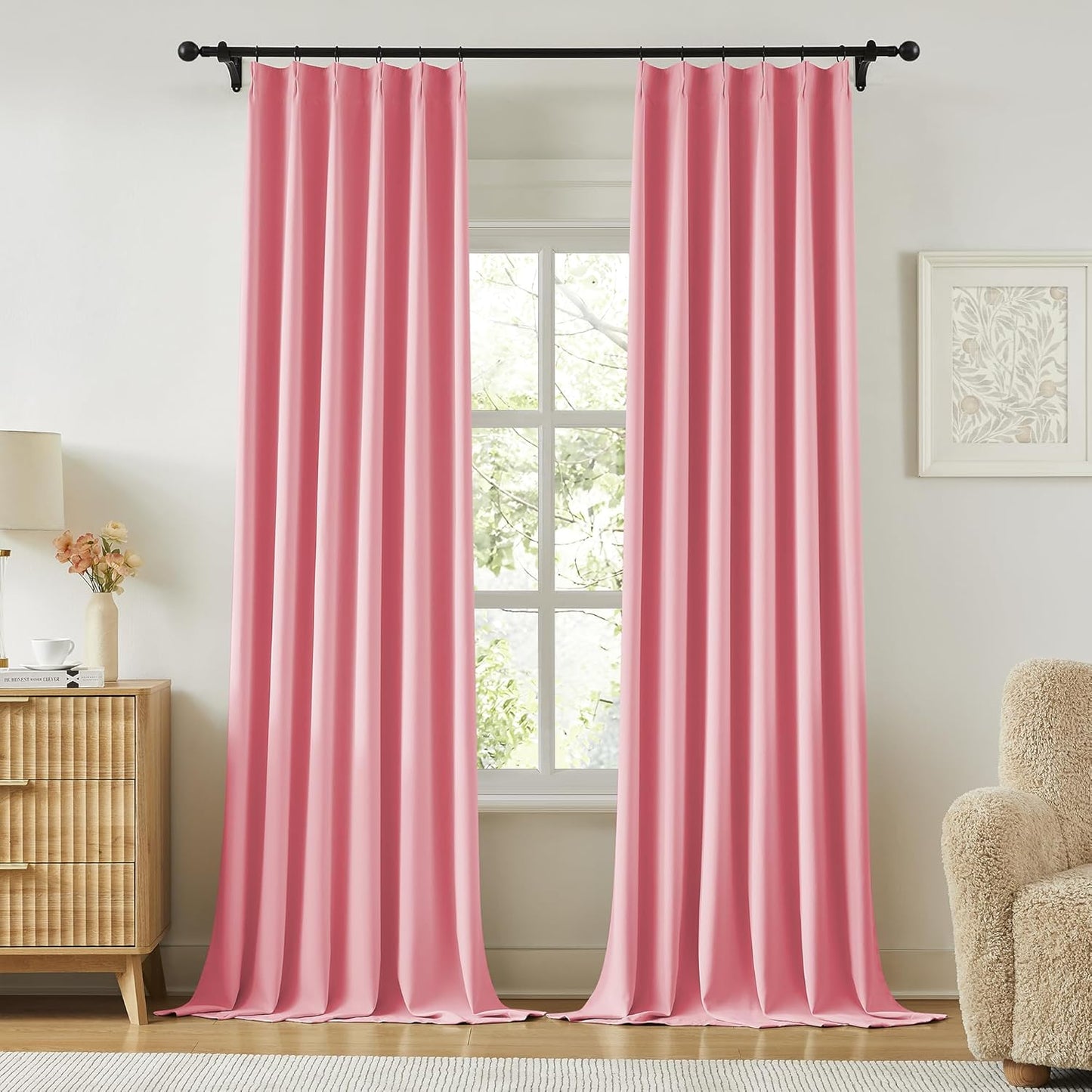 KangBang Rose Pink Window Curtain Panels 96 Inches Long 2 PCs, Pinch Pleated Room Darkening Elegant Curtains for Living Room Nursery with Hooks, Soft & Vertical Modern Lush Decor,40x96 Inch