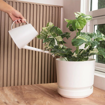 Elly Décor 10 inch Plastic Cylinder Planter Pot with Self-Watering Saucer and Drainage Hole,Lightweight & Extremely Durable, 10"x 10", White