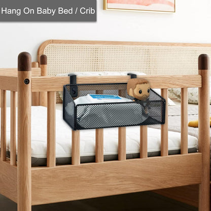 Bedside Caddy Hanging Storage Basket Beside Shelf Metal Organizer for Collage Dorm Bunk Bed,Hospital Bed,Baby Bed - Bedroom Essentials for Magazine,Remote Control,Phone,Drinks (White)