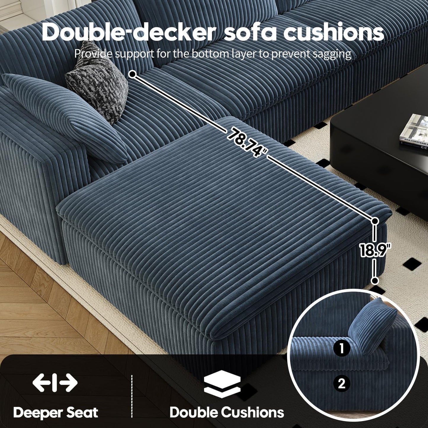 LoveSeat Cloud Couch Modular Sectional Sofa for Living Room,Modern Sofa with Deep Seat，2 Seater Boneless Couch with Ottoman,Comfy Upholstered Couches for Apartment, Studio, Office,Bedroom，Blue