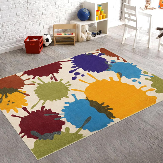 STARUIA Art Bedroom Rug, 4'x6' Machine Washable Kids Rug for Playroom, Paint Splash Rainbow Area Rugs for Classroom, Soft Colorful Living Room Rugs Throw Play Mat for Nursery Office Preschool