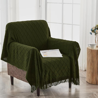 inhand Knitted Throw Blankets for Couch and Bed, Soft Cozy Knit Blanket with Tassel, Dark Green Lightweight Decorative Blankets and Throws, Farmhouse Warm Woven Blanket for Men and Women, 60"x80"