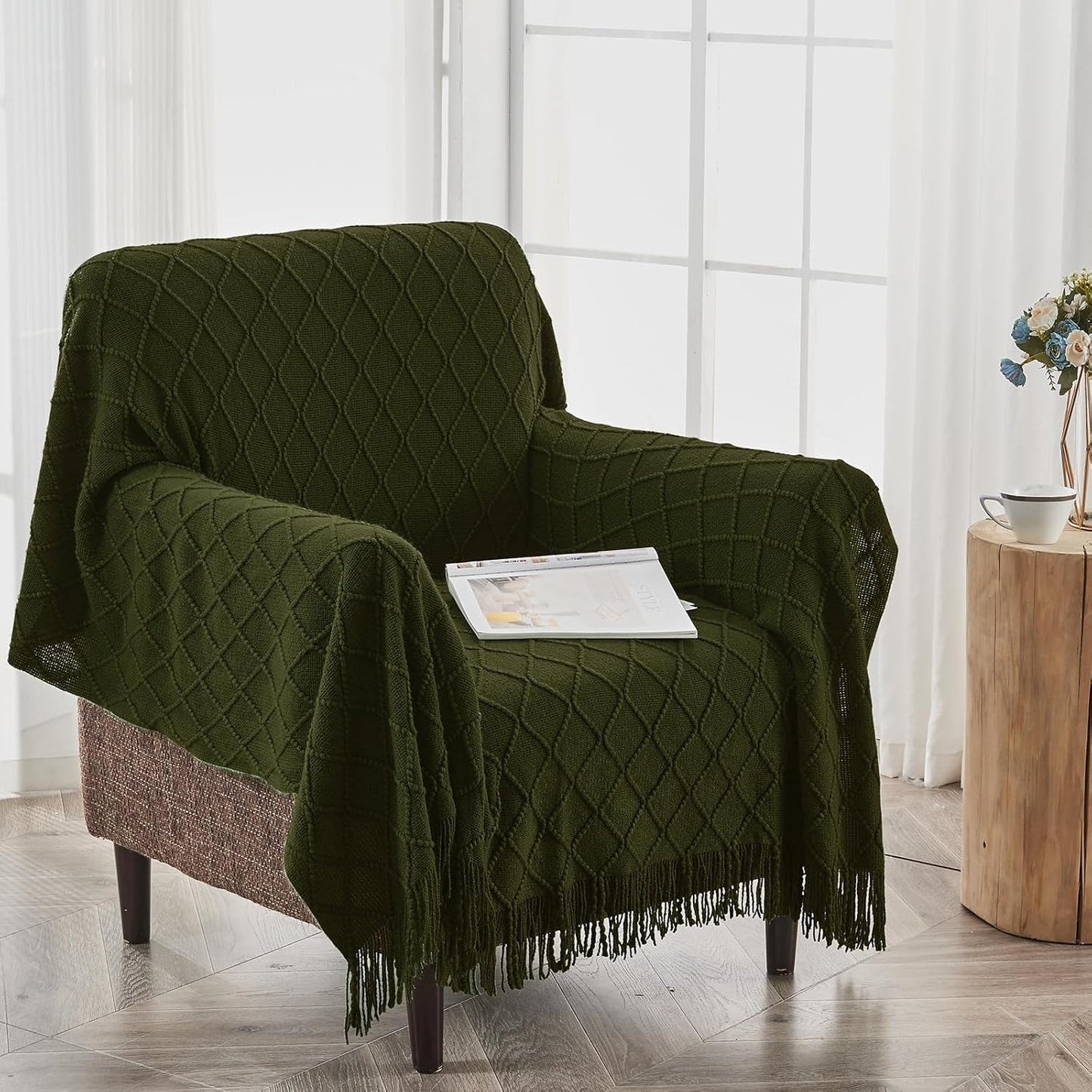 inhand Knitted Throw Blankets for Couch and Bed, Soft Cozy Knit Blanket with Tassel, Dark Green Lightweight Decorative Blankets and Throws, Farmhouse Warm Woven Blanket for Men and Women, 50"x60"