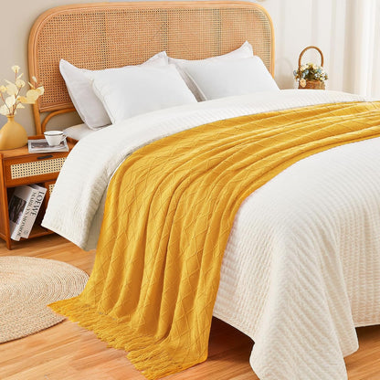 inhand Knitted Fall Throw Blanket for Couch and Bed, Knit Fall Decor Halloween Blanket with Tassel, Mustard Yellow Lightweight Decorative Farmhouse Warm Woven Blankets and Throws for Women, 60"x80"