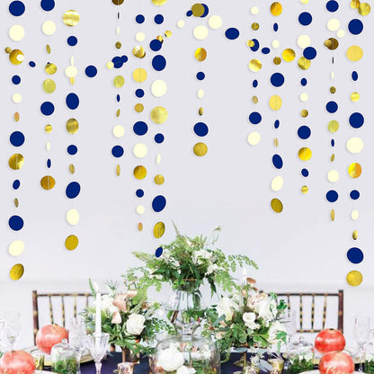 46 Ft Navy Blue and Gold Circle Dots Garland Royal Blue Hanging Paper Polka Dot Streamer for Birthday Wedding Bridal Baby Shower Graduations Nautical Ahoy Achor Pirate Theme Party Decorations Supplies