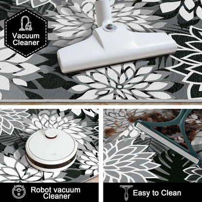 Area Rug 3x5 Black White Washable Entry Rug Multicolored Tropical Botanical Modern Floral Indoor Kitchen Door Mat Entrance Carpet Non Slip for Bedroom Living Room, Porch