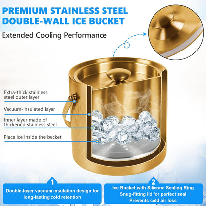 Ice Bucket, Gold Ice Bucket 3L with Silicone Sealing Ring Double-Wall Vacuum Insulation Champagne Buckets with Filter Layer Ice Tongs Ice Scoop (Gold, 3 L)