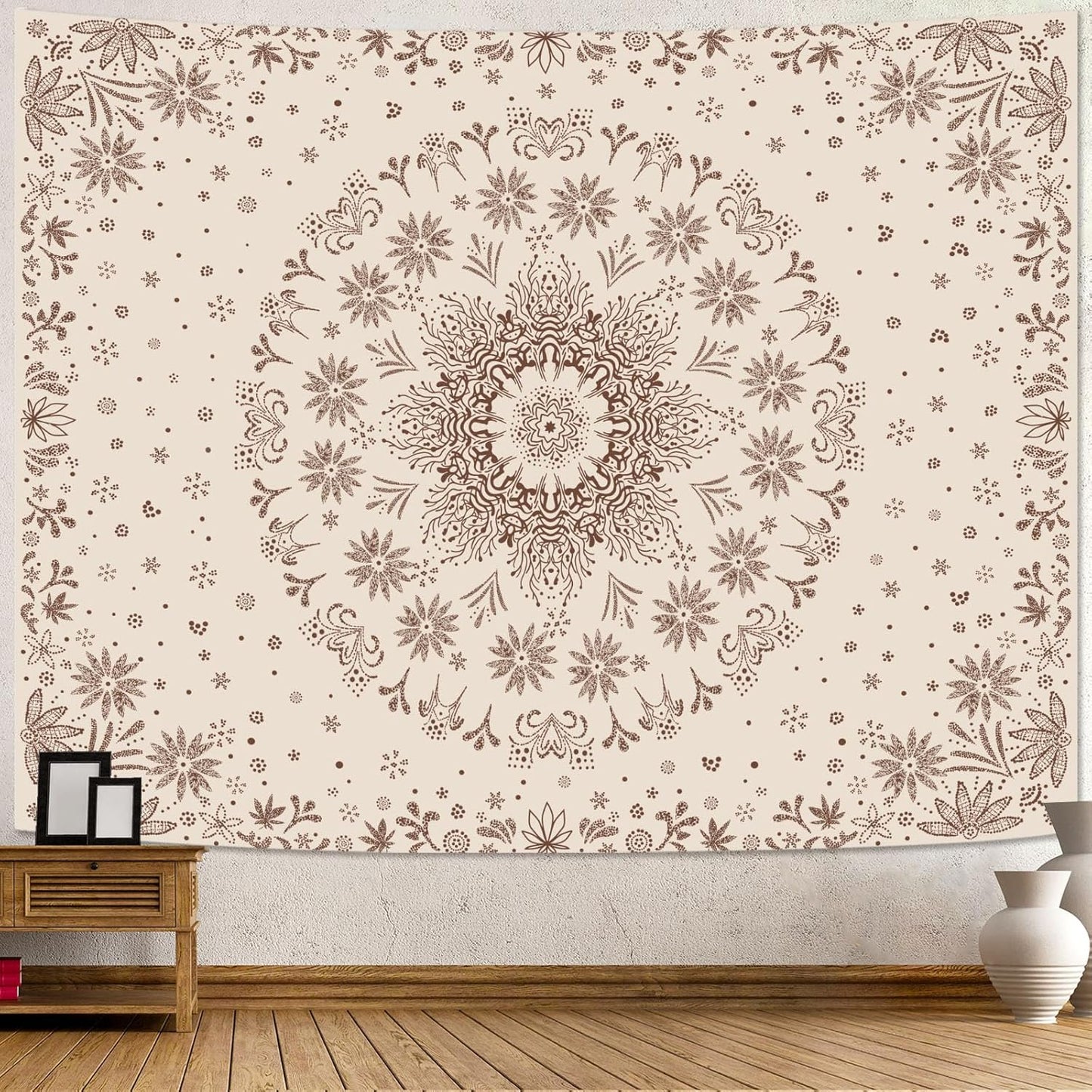 Fowocu Boho Floral Mandala Tapestry Wall Hanging Bohemian Flower Medallion Tapestry Aesthetic Beige Brown Hippie Indian Small Tapestries for Bedroom Living Room Dorm Decor 90 x 68 Inch