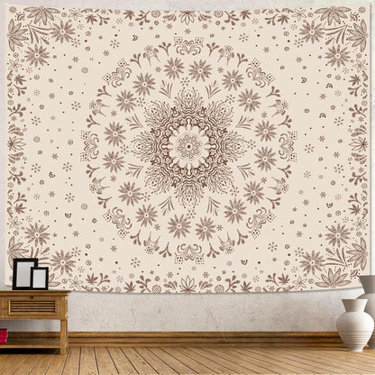 Fowocu Boho Floral Mandala Tapestry Wall Hanging Bohemian Flower Medallion Tapestry Aesthetic Beige Brown Hippie Indian Small Tapestries for Bedroom Living Room Dorm Decor 48 x 36 Inch