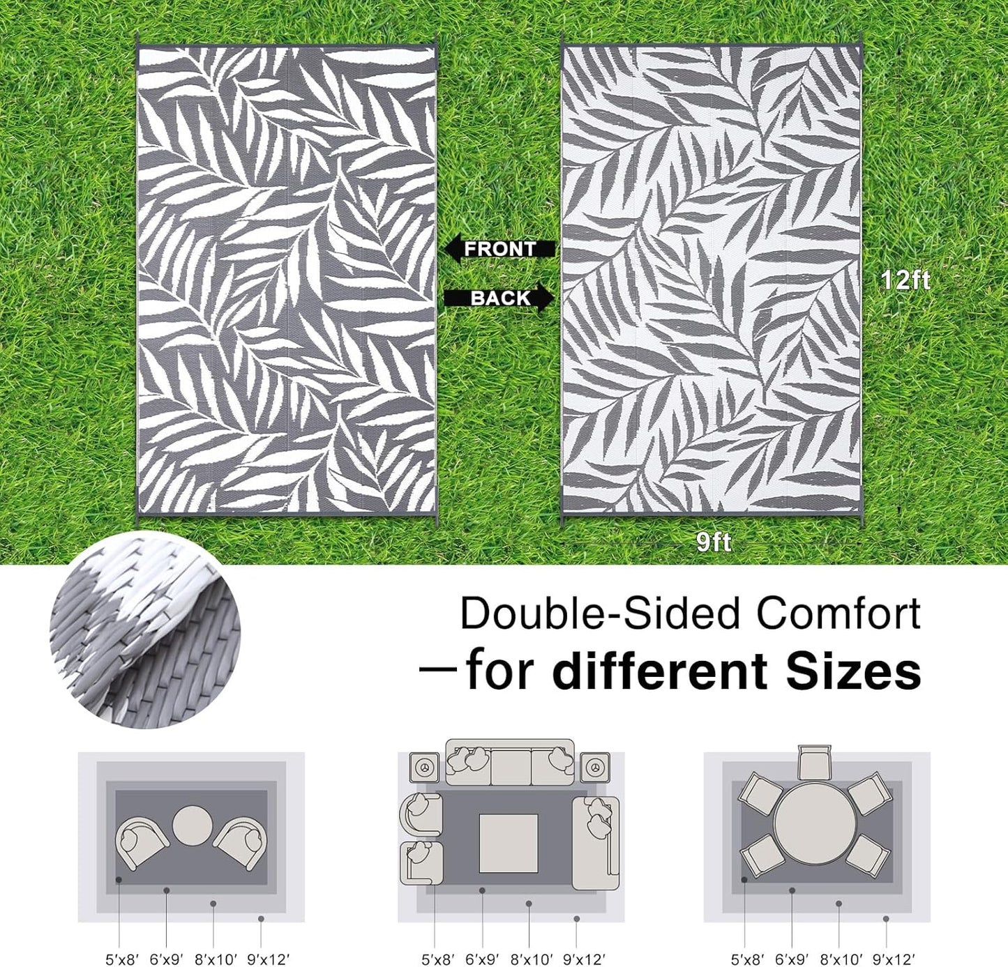 OLANLY Waterproof Outdoor Rug 9x12 ft, Reversible Outdoor Plastic Straw Rug with Leaf Pattern, RV Mat, Indoor Outdoor Carpet for Patio, Camping, Balcony, Deck, Backyard, Grey & White