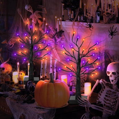 [Timer] 2 Pack 24 Inch Black Halloween Tree with Orange Purple Lights, USB/Battery Operated Light Up Halloween Table Decorations, Spooky Halloween Decorations Indoor Home Mantle Room Party Decor