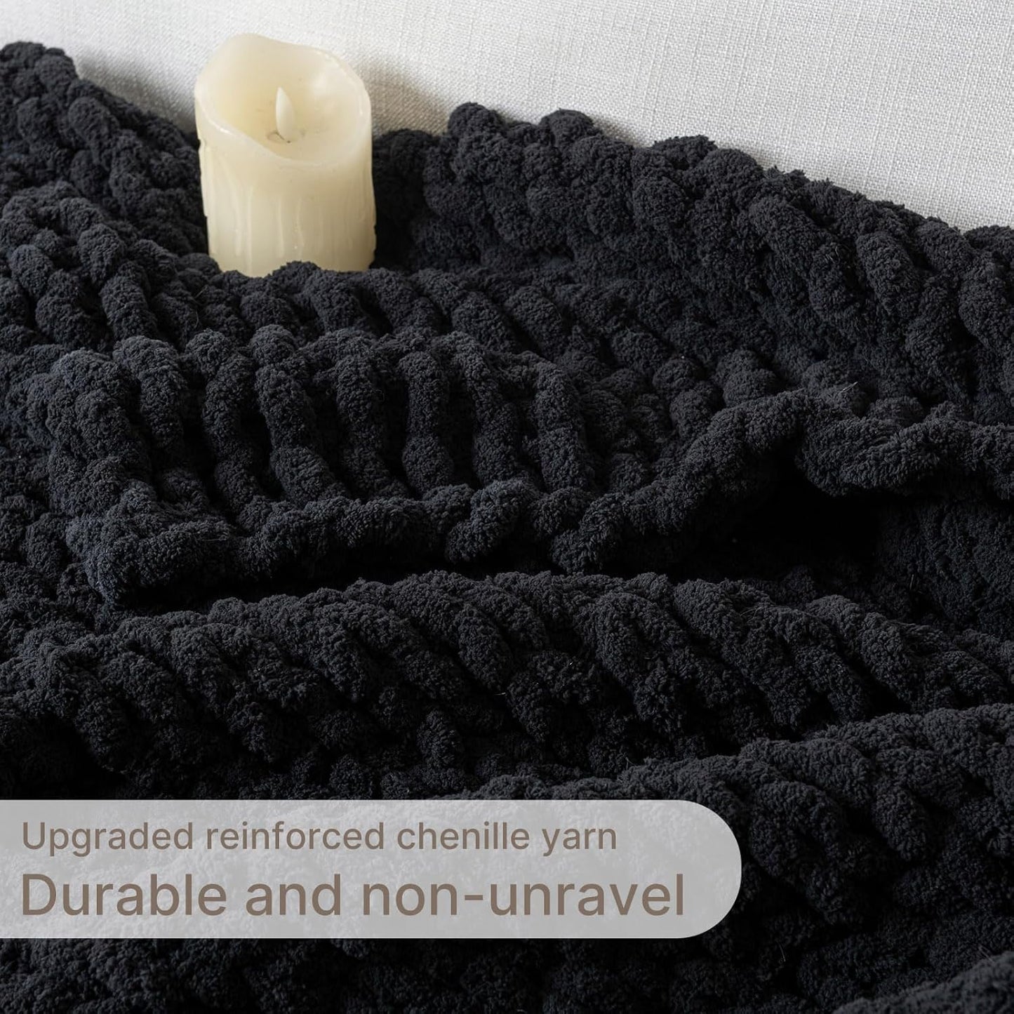 Chunky Knit Blanket Throw, 100% Hand Knit Throw Blanket Handmade Chenille Cable Knit Throw for Couch, Stylish Cozy Soft Rope Knot Crochet Blanket for Home Decor, Black, 50x60 Inches
