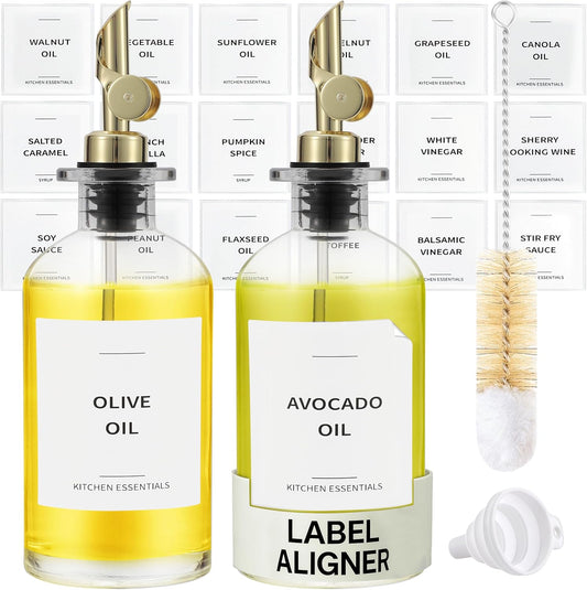 Olive Oil Dispenser Bottle - Includes 55 Kitchen Essential Labels - Cooking Oil Bottles for
