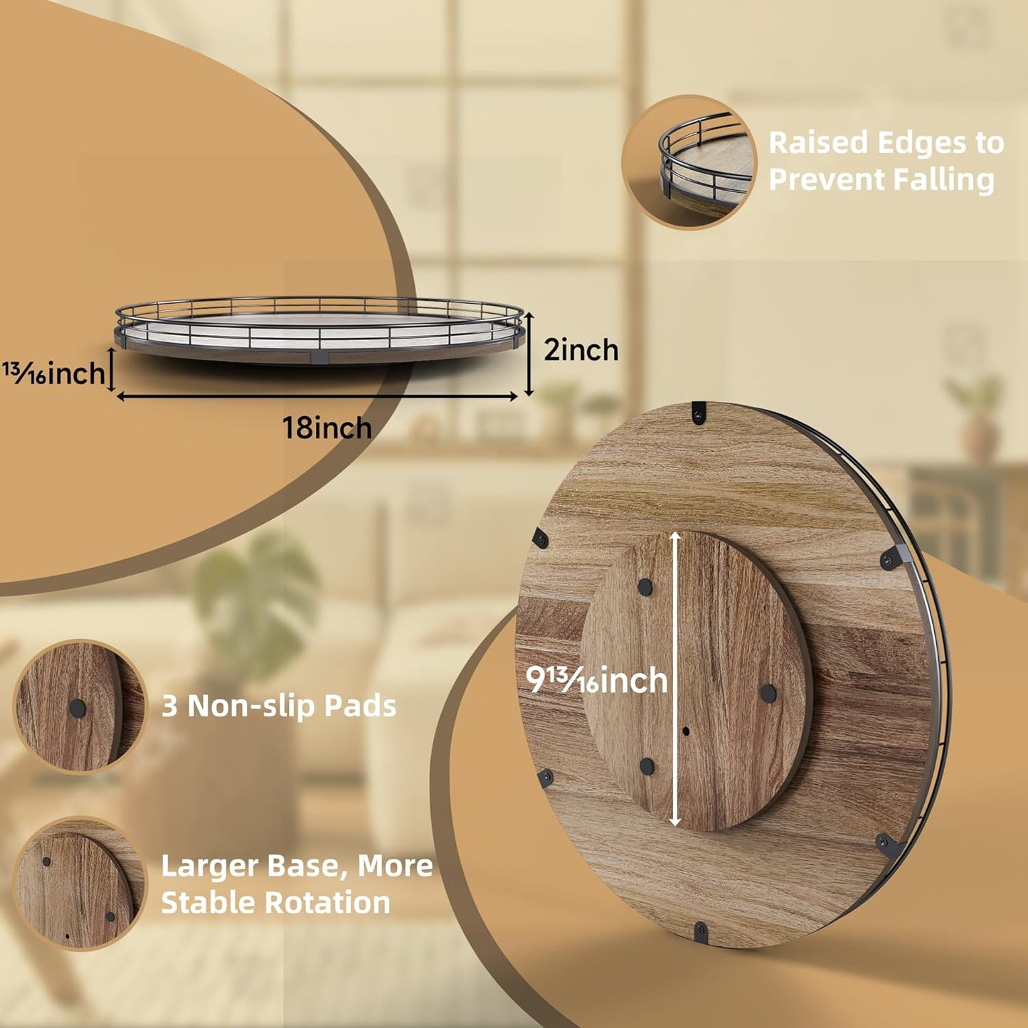 Acacia Wood 18" Lazy Susan Turntable Organizer for Table Top, Farmhouse Large Round Lazy Susan for Cabinet Kitchen Centerpieces Dining Table, for Condiments Charcuterie, Bathroom Vanity Tray Decor