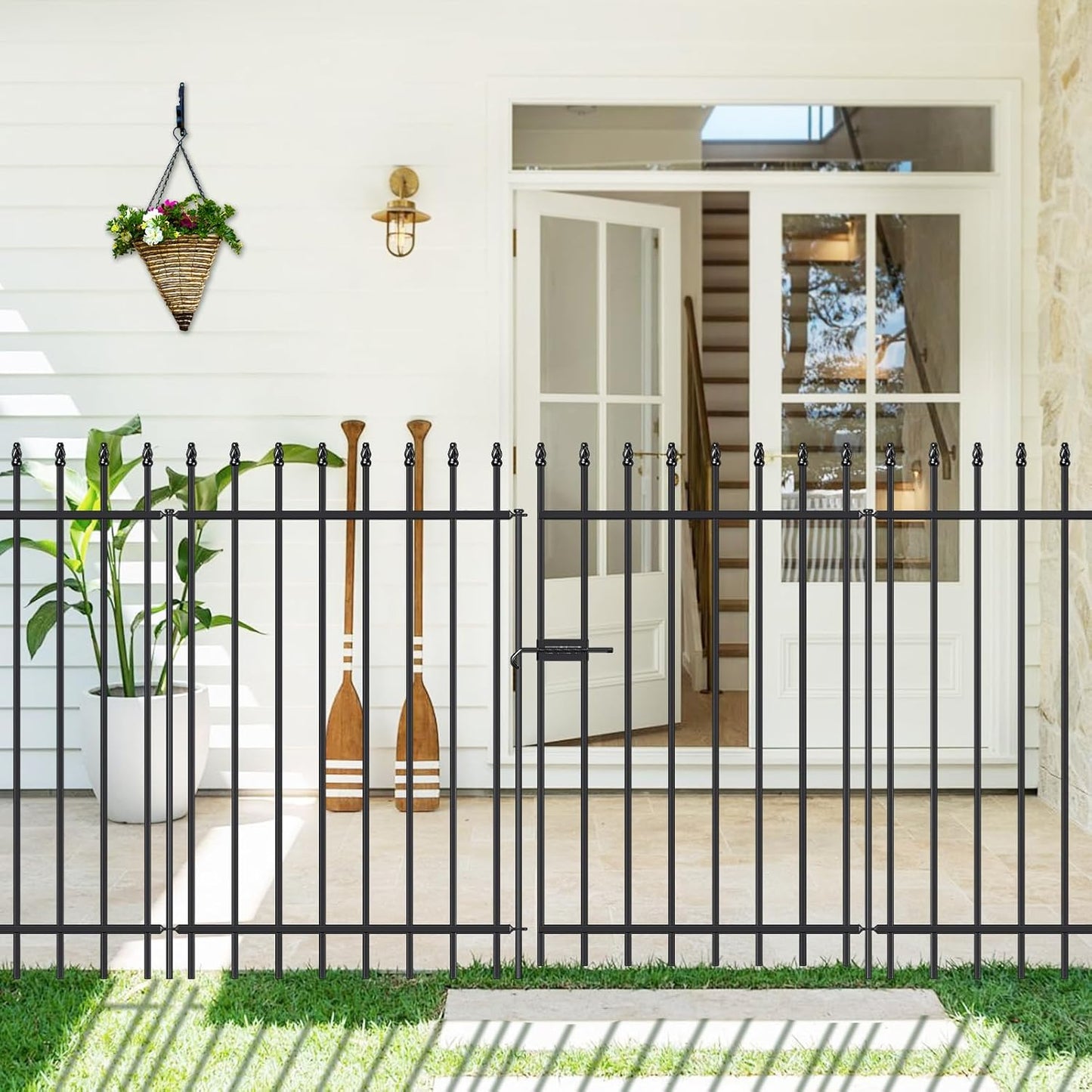 Metal Garden Fence with Gate 42 in H x 11.5 ft L, 1 Gate + 4 Panels Border Fence Panels Animal Barrier for Dogs, No Dig Garden Fencing for Yard Patio Flower Bed Lawn Outdoor, Black