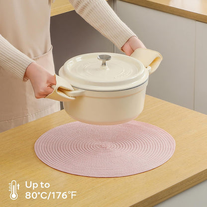 Leetaltree Round Placemats Heat and Slip Resistant Cotton Table Mats, Washable Bohemian Placemats for Dining Tables (Pink, Set of 4)