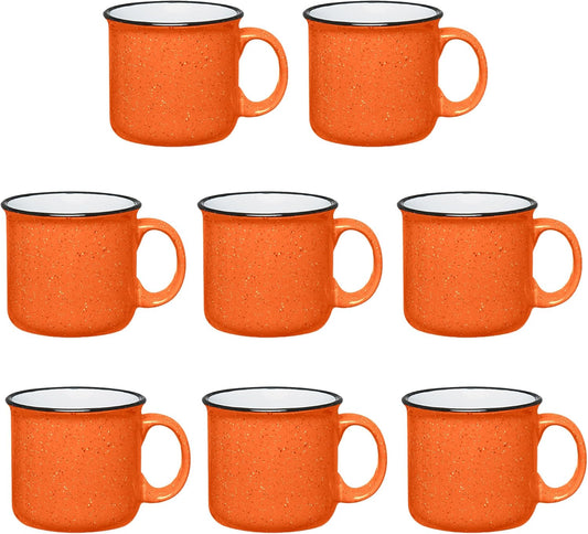 Set of 8 Ceramic Campfire Mugs – 15 Oz, Orange – Coffee & Tea Cups for Home, Work, Travel, Camping