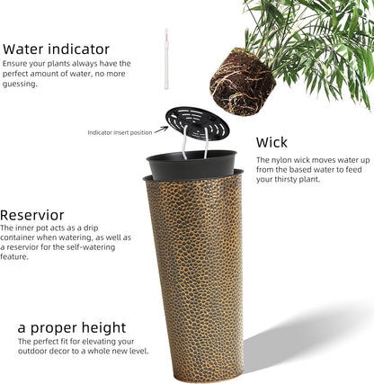 KOL 25" H. Metal Hand-Hammered Planters with Inner Pots 2-Pack, Bronze Decor Planter for Deck, Patio, Porch - Galvanized Steel Handcrafted Flower Pot - w/Water Level Indicator - Indoor Outdoor Use