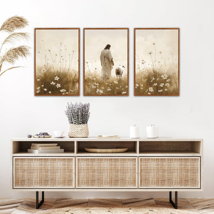 KAIRNE Jesus Framed Canvas Wall Art,Lost Sheep Wall Decor Set of 3(16”X24”),Holy Christian Art Print,Religious Scripture Pictures,Bible Renaissance Wall Painting for Living Room,Bedroom,Church Decor