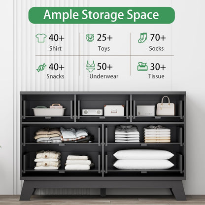 Fluted Dresser for Bedroom with 7 Drawers, 48" Wide Chest of Drawers with Metal Handle, Modern Wood Dresser TV Stand, Wooden Closet Clothes Storage Organizer for Living Room, Hallway, Black