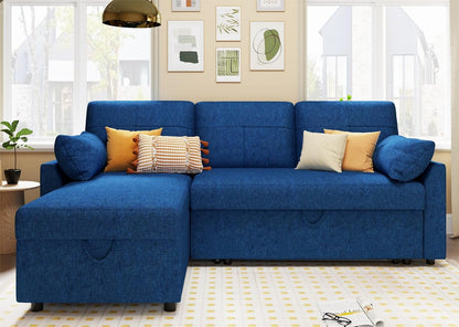 VanAcc Sleeper Sofa - 2 in 1 Pull Out Couch Bed with Storage Chaise for Living Room, Linen Blue