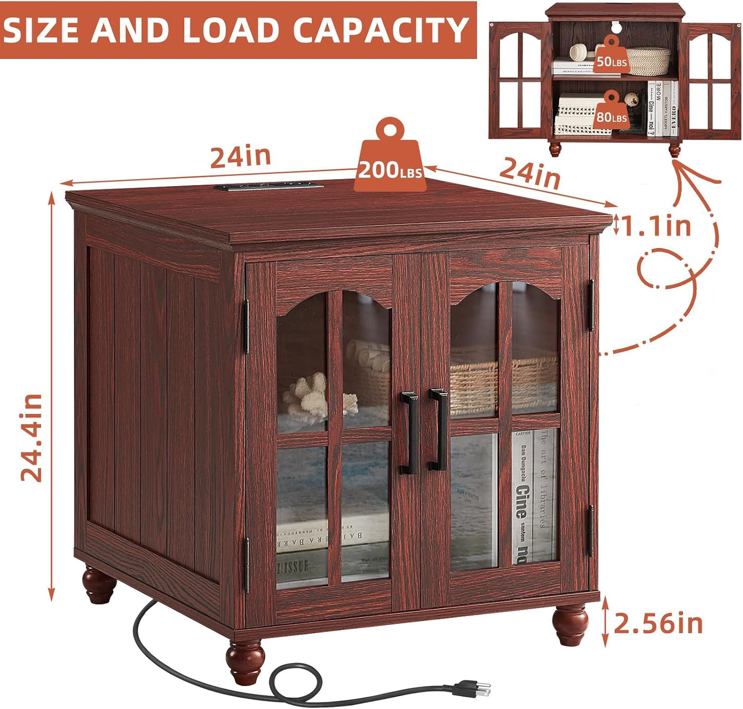 Farmhouse 24" End Table Set of 2 with Charging Station, Large Sofa Side Table with Glass Barn Door,Wood Night Stand with Adjustable Storage Shelf,Square Bedside Table for Living Room,Bedroom