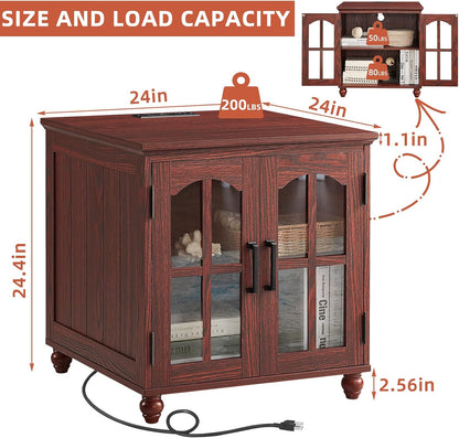 Farmhouse 24" End Table Set of 2 with Charging Station, Large Sofa Side Table with Glass Barn Door,Wood Night Stand with Adjustable Storage Shelf,Square Bedside Table for Living Room,Bedroom