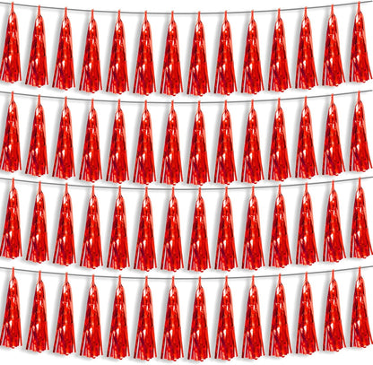 4P Red Foil Fringe Metallic Tassel Streamers Banner Tassel Garland for Parade Floats, Bachelorette, Wedding, Birthday, Halloween, Christmas, Bridal/Baby Shower Party Decorations