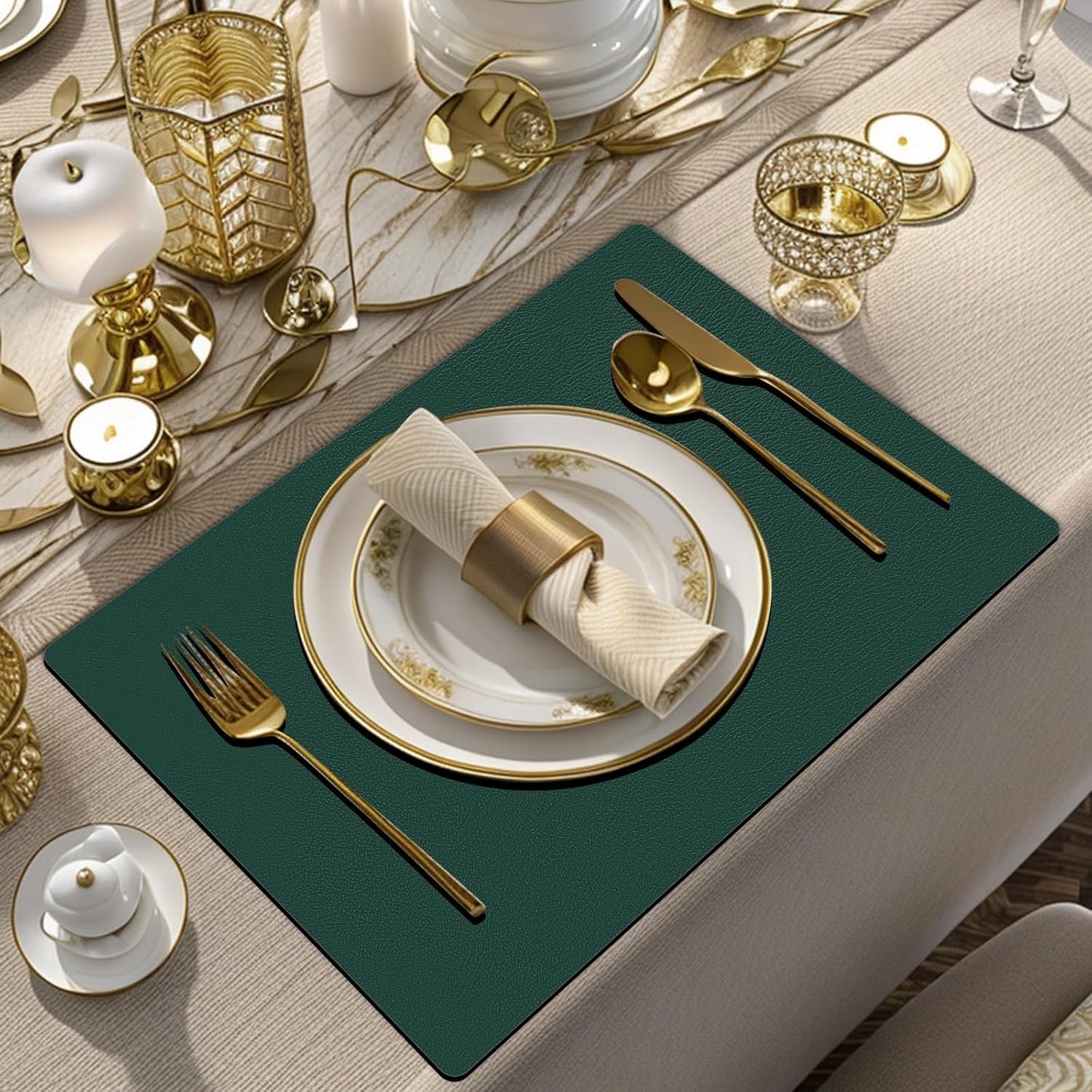 Placemats and Coasters Set of 6, Waterproof、Oil-Proof Wipeable、Anti Slip PVC Leather Place Mats, Heat Resistant Reversible Table Mats for Kitchen, Dining, Outdoor 17’’×12’’, (Dark Green)