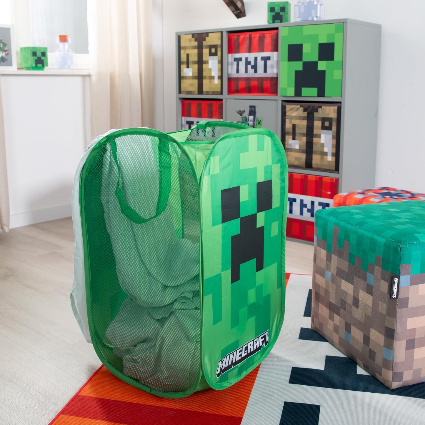 Minecraft: Laundry Basket - Creeper - Green Pixel Cube, Pop-Up & Collapse, Use As Toy Storage, Game