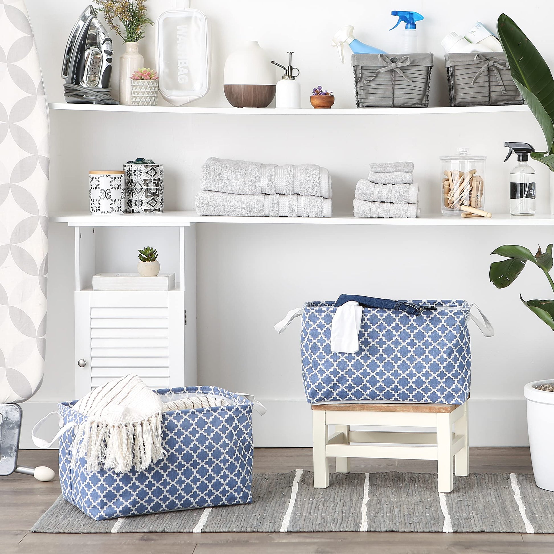 DII Laundry Storage Collection, PE Coated Collapsible Bin with Handles, French Blue Lattice