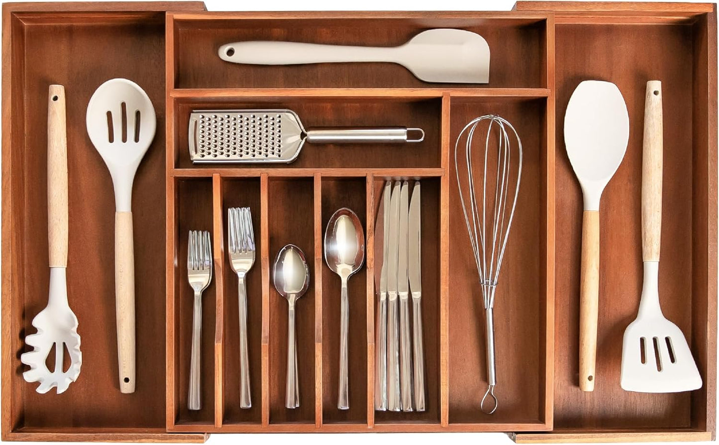 Premium Silverware, Flatware and Utensil Organizer for Kitchen Drawers, Food-Safe Contract Grade, Expandable from 16 to 28 In, Natural Acacia