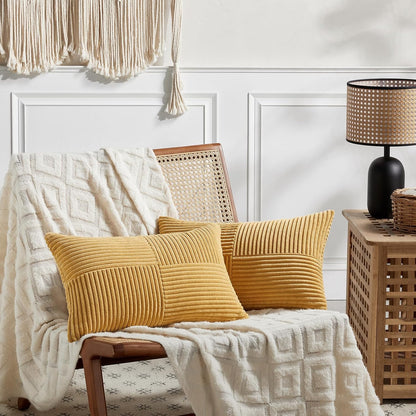 Fancy Homi 2 Packs Gold Yellow Lumbar Decorative Throw Pillow Covers 14x24 Inch for Couch Bed Sofa, Rustic Farmhouse Boho Spring Home Decor, Soft Striped Corduroy Rectangle Accent Cushion Case 35x60cm